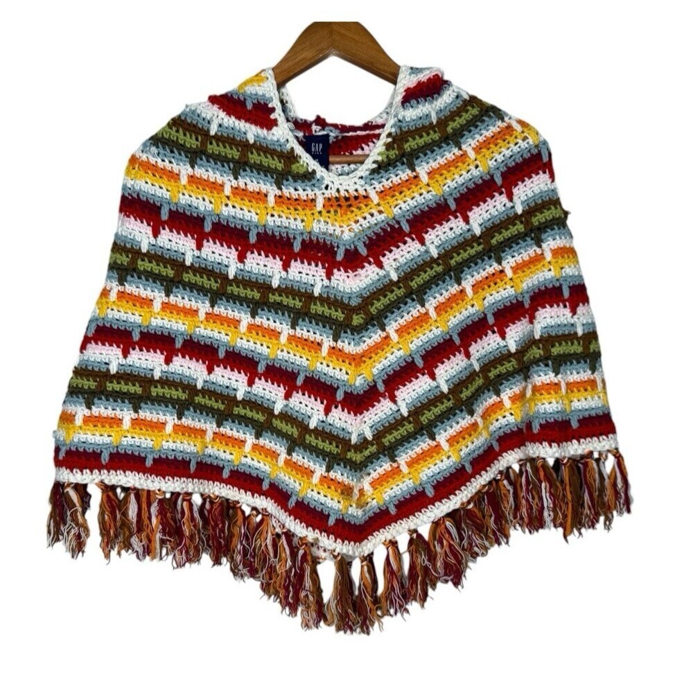 VTG Gap Kids Rainbow Hooded Poncho Fringe 90's Cotton Crochet Sz M/8 Retro